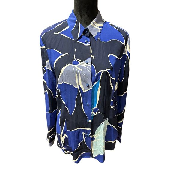 Escada Tops - Escada Silk Printed Button Up Blouse Blue 40/Medium Business Casual Quiet Luxury